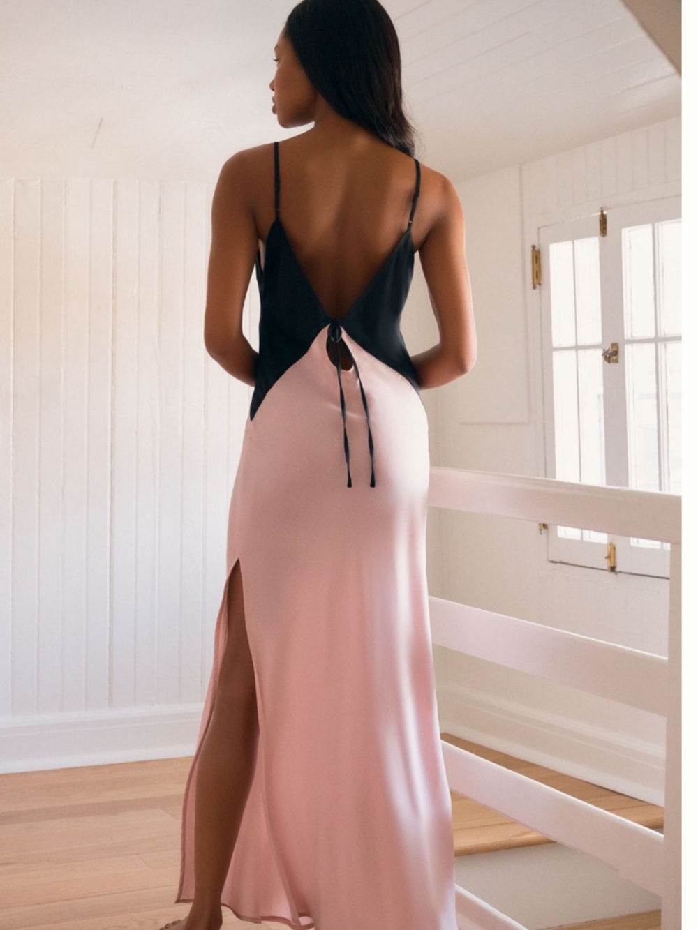 Elegant Two-Tone Pink and Black Satin Slip Dress